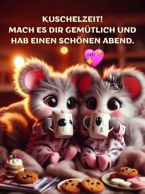 Ein Bild von zwei niedlichen Mäusen in Kuschelzeit mit Kaffeetassen und Keksen